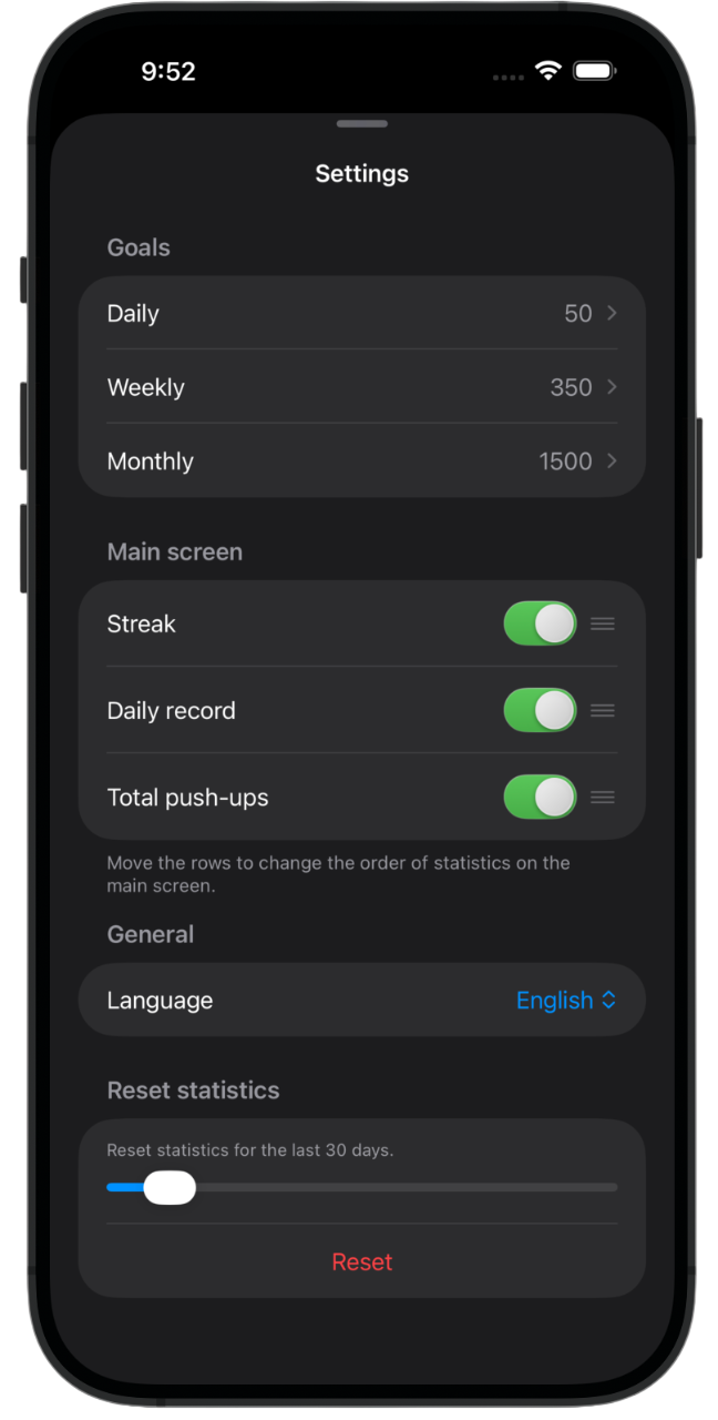 Settings — goals, main screen options, language